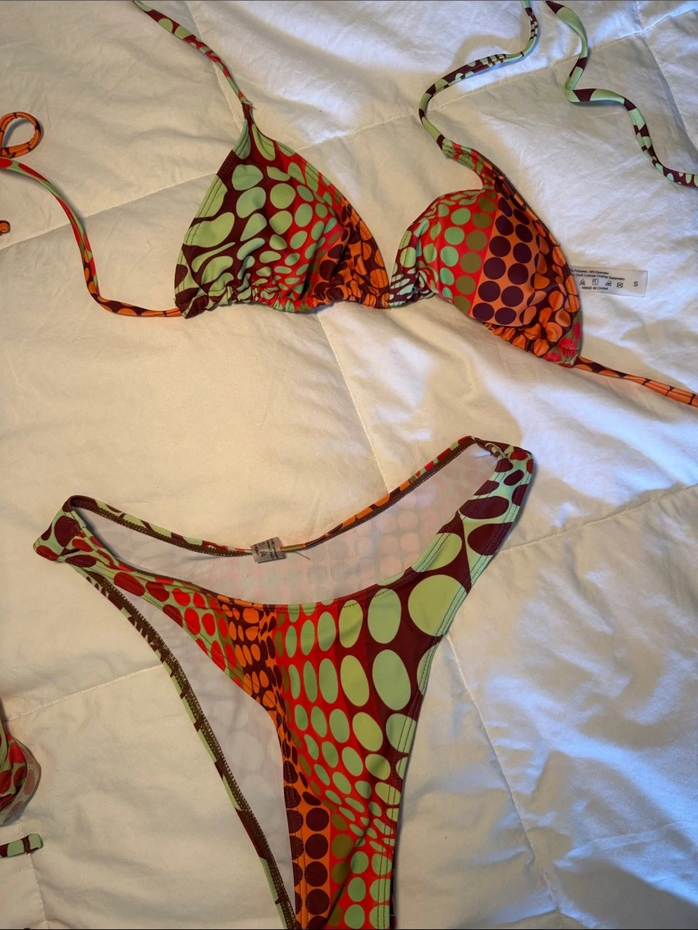 Retro Geo Print Bikini Set with Matching Sarong - Orange & Lime